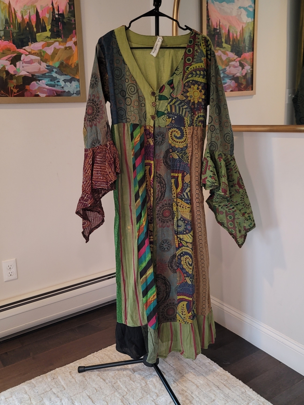 ARATTA 100% Cotton Patchwork Bohemian Bell Sleeve Duster Dress Green Size M / L - Picture 2 of 12